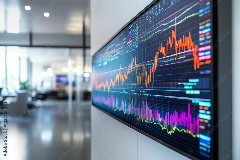 Poster large monitor displaying financial data graphs in modern office.
