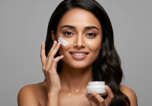 Studio Portrait of an Indian Woman Gently Applying Face Cream, Highlighting Skincare and Natural Glow