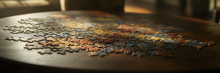 Wooden table with scattered jigsaw puzzle pieces
