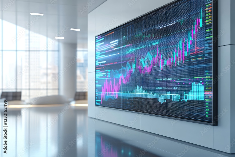 Poster modern office lobby with large screen displaying financial data, charts, and graphs.