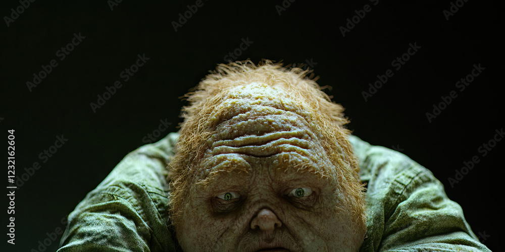 Poster digital render: close-up of a pale-skinned, ginger-haired character