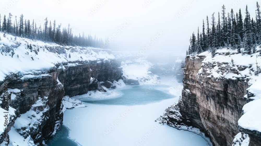 Poster partially frozen turquoise river flows through snowy canyon with pine trees and cliffs on a misty wi