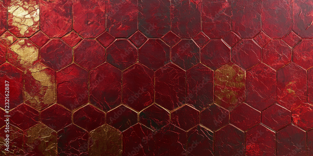 Poster deep red hexagonal metallic pattern illuminated by soft golden streaks of light. a rich, 3d-textured