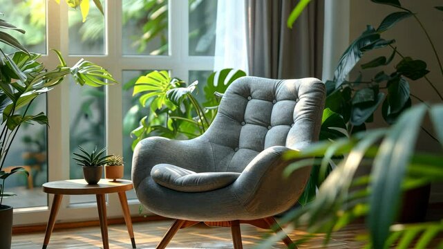 Stylish living room interior. Cozy corner of room for relaxation with gray armchair, wooden coffee table and lush indoor plants to purify the air