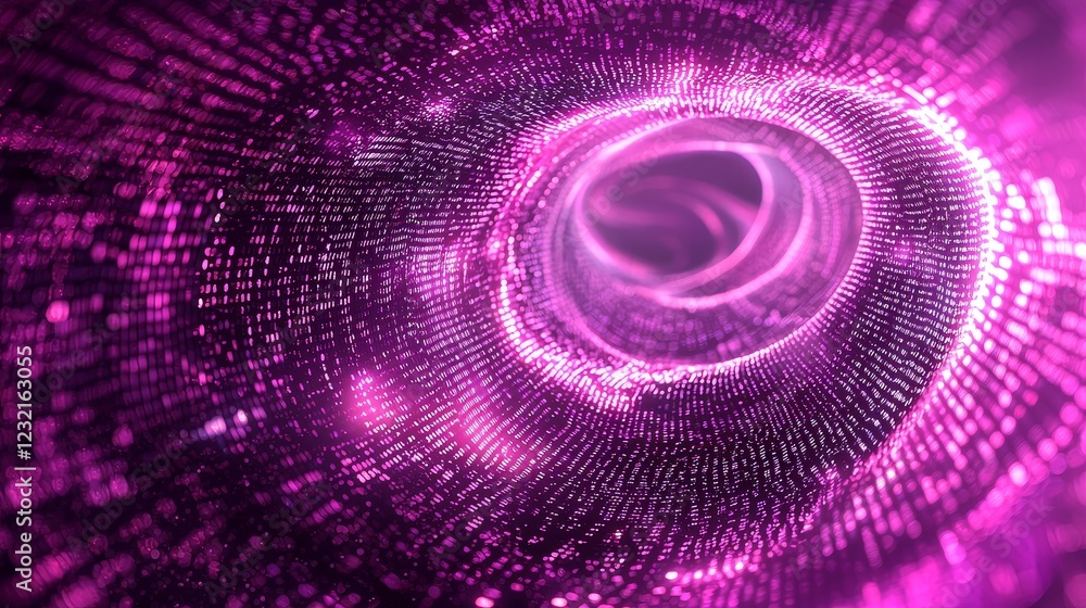 Poster an infinite loop of glowing binary codes in deep purple and pink swirls