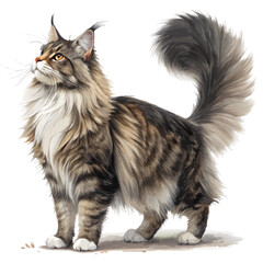  Maine Coon with a fluffy tail and large physique, standing full body on a white background, majestic and powerful cat breed