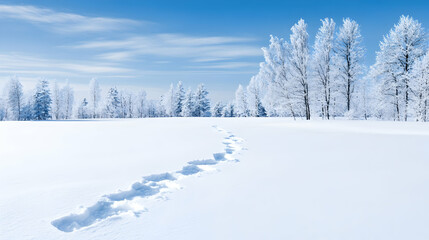 Obraz premium Winter wonderland Footprints in snow, trees frosted, clear sky. Ideal for travel or winter themed projects