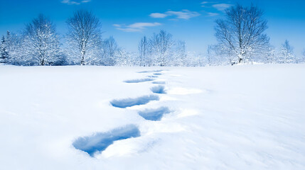Fototapeta premium Winter wonderland snow footprints path, trees background, peaceful landscape, travel photography