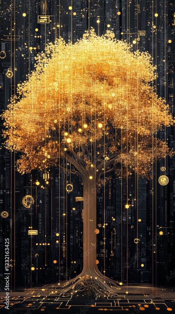 Poster glowing digital tree connecting with futuristic technological background