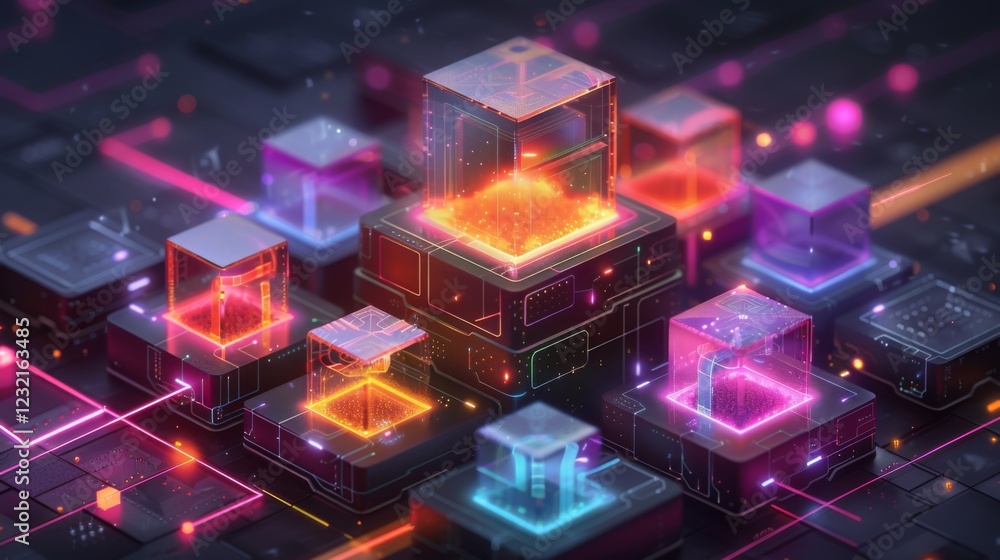 Poster Colorful digital blocks sit atop a dark grid, illuminated by vibrant lights. The scene features complex geometric shapes, creating an engaging visual experience in a tech inspired environment.