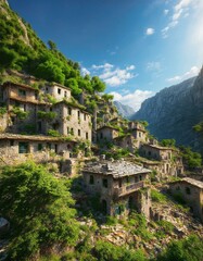 Pueblo abandonado, en la monta&ntilde;a cubierto de maleza por el paso del tiempo. Despoblaci&oacute;n
