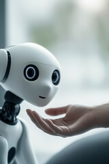 Hand gently petting a robotic dog in a modern living space in daylight.