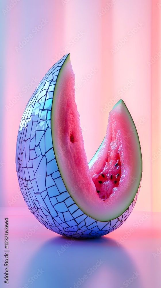 Poster sliced watermelon with mosaic rind standing on colorful gradient background