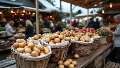 Golden Potatoes Market Baskets Rustic Wooden Table Outdoor Setting