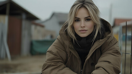 Woman, winter coat, village background, serious expression, fashion editorial