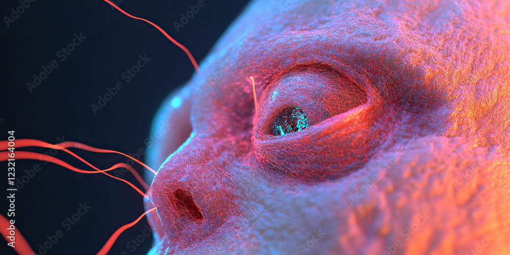 Poster digital render of a face with network overlay and red lines