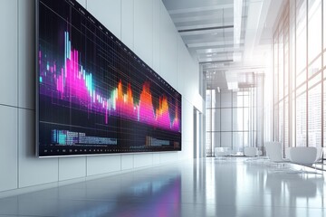 Large digital display showing financial data in a modern office lobby.
