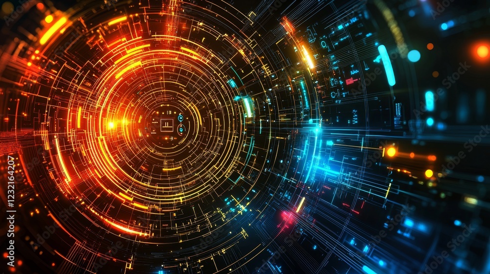 Poster vibrant circular data nodes pulsating with energy in futuristic design