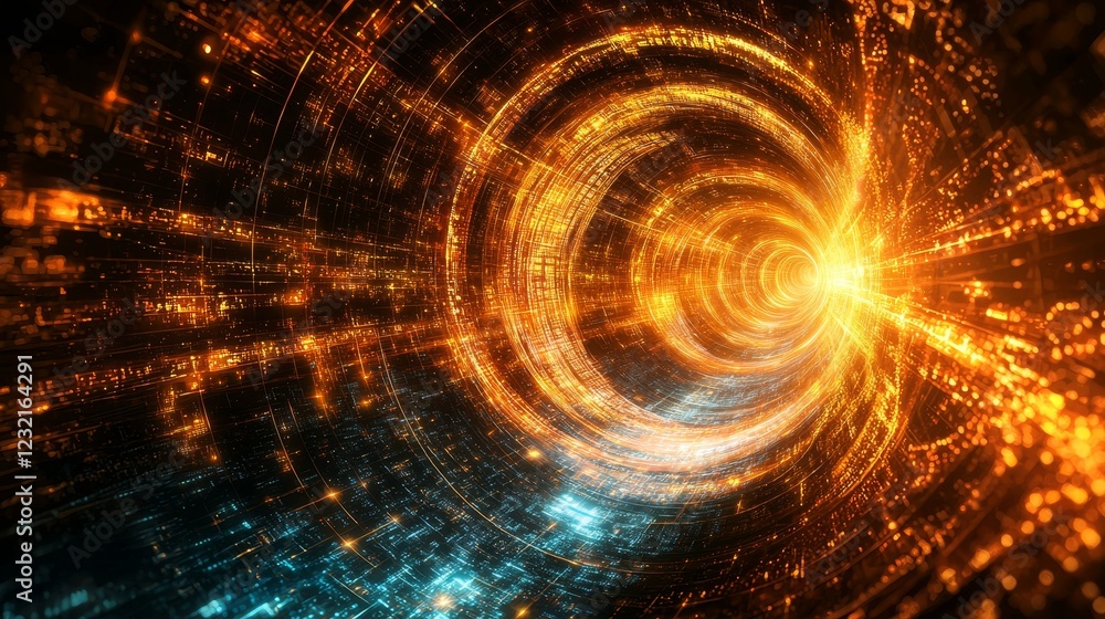 Poster pulsing circular patterns of light in dynamic rhythm and motion effects
