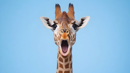 Fototapeta premium Yawning giraffe head close-up, light blue background, wildlife illustration