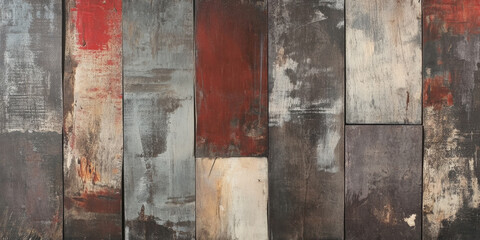 Rustic wood texture with a patchwork of browns, reds, and grays. The weathered surface showcases visible cracks and knots, creating a charming, distressed look for vintage designs.