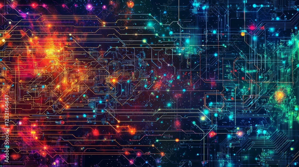 Poster colorful nebula merging with circuit designs in space background
