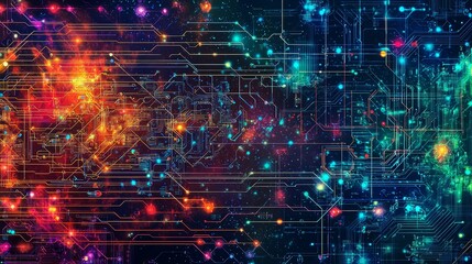 Colorful Nebula Merging with Circuit Designs in Space Background