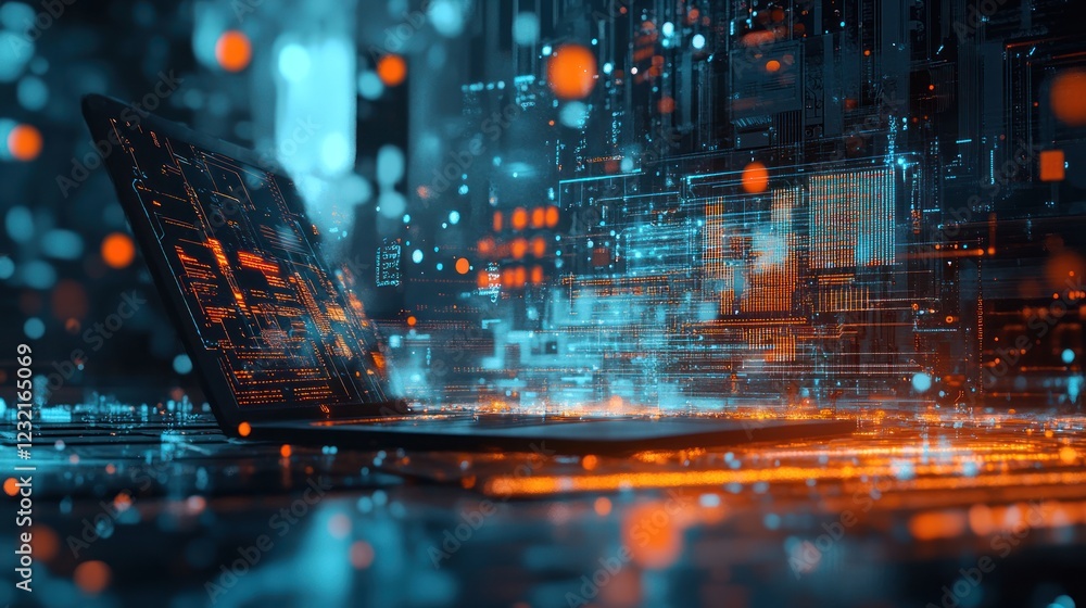 Poster laptop displayed with abstract tech background, glowing dots and lines, for concept image