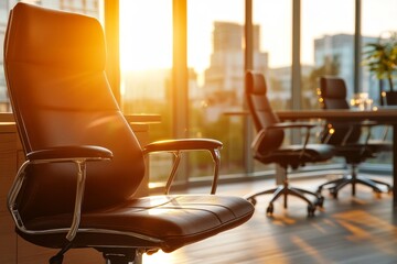 Comfortable leather office chair in a modern office at sunset