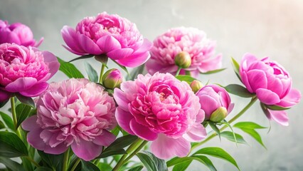 Vibrant pink peonies in full bloom against a soft white background, with delicate green leaves and a subtle texture