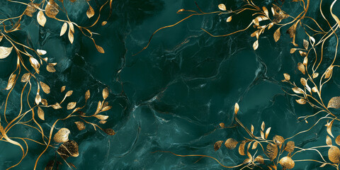 Abstract emerald green and gold floral marble texture background. Swirling patterns with delicate metallic accents create a luxurious and organic visual, perfect for modern design.