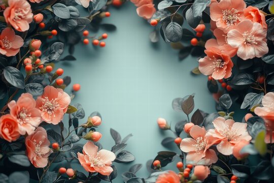 Floral wedding invitation template featuring pink blossoms and green foliage