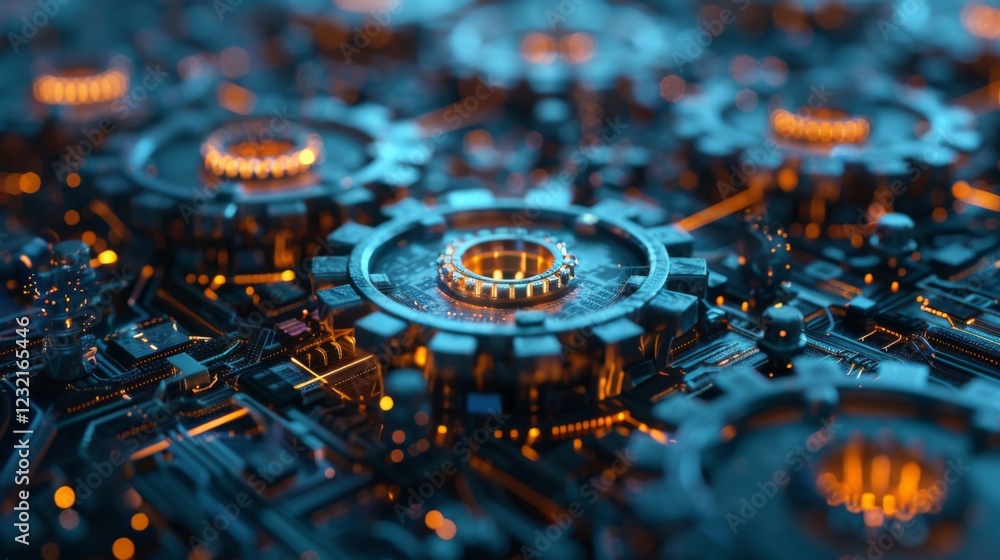 Poster A detailed arrangement of interconnected gears and circuitry emits a warm glow, creating a captivating display of technology in a dark, futuristic environment.