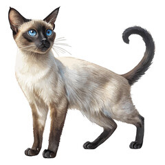 Siamese cat with bright blue eyes and dark markings, standing full body on a white background, elegant and graceful domestic pet