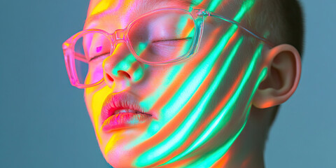 Close-up Portrait: Face with Multicolored Light Projections and Glasses