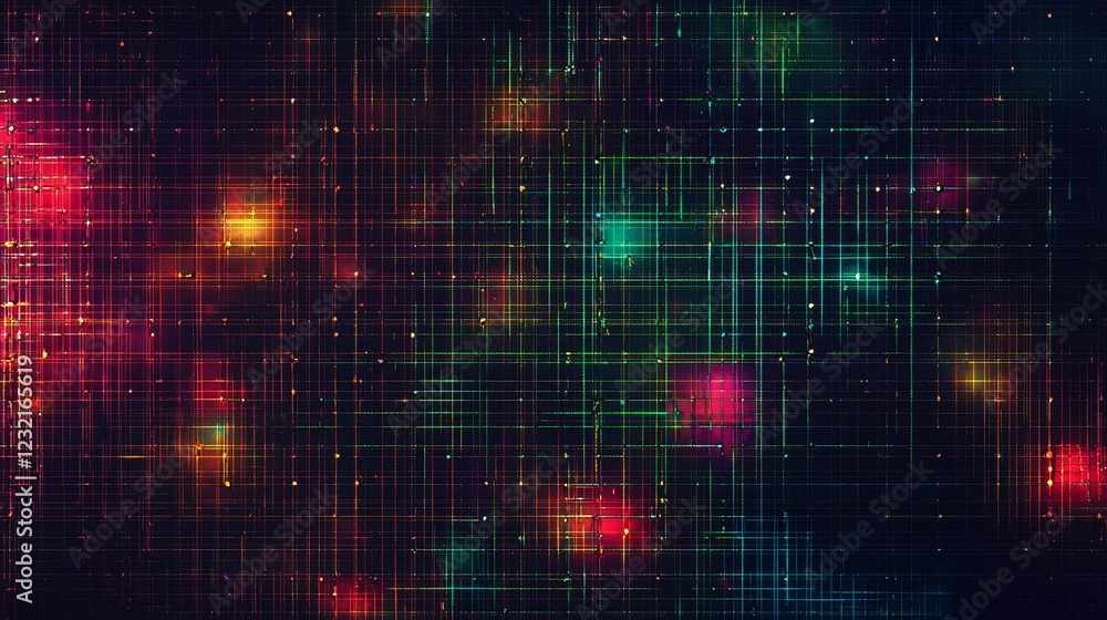 Poster dark background with colorful holographic grid patterns and effects