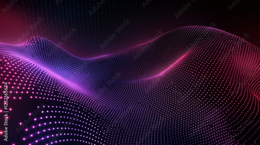 Poster dark background with holographic grid patterns in vibrant color gradients