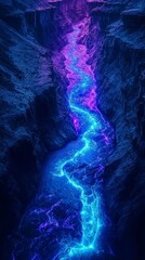 Bioluminescent river flowing through a deep canyon at night