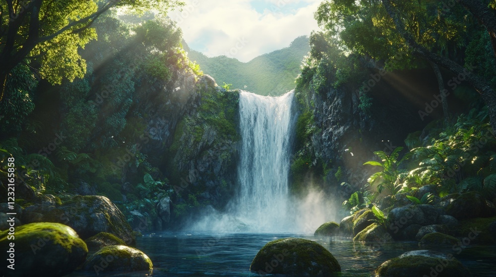 Poster sunbeams illuminating mist rising from a pristine waterfall cascading into a tranquil pond, surround