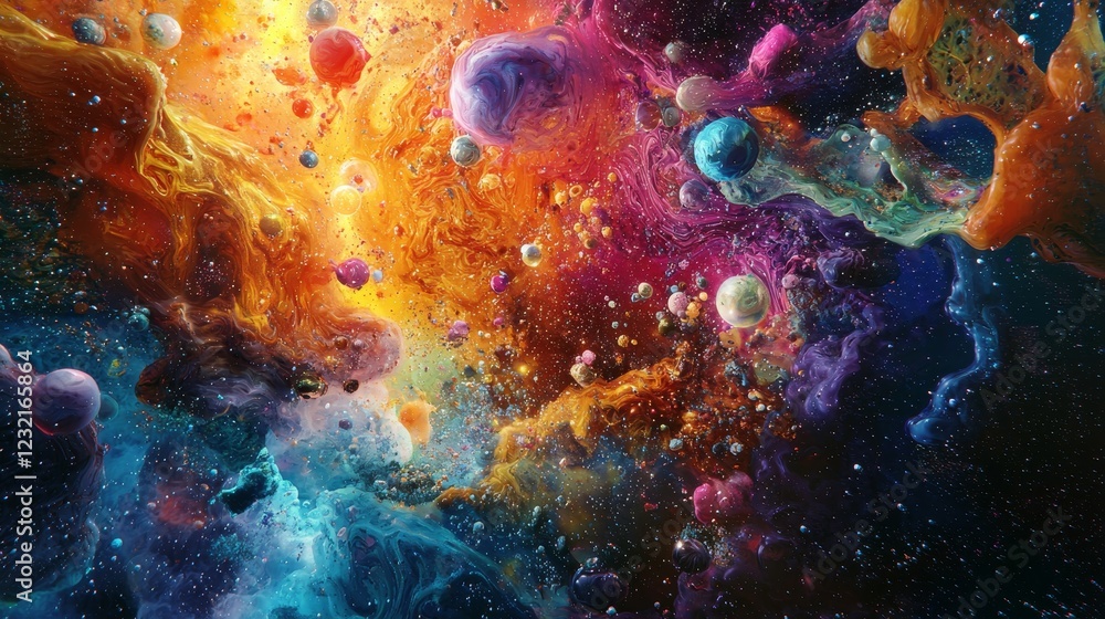 Poster vivid dynamic geometric shapes exploding in colorful cosmic energy