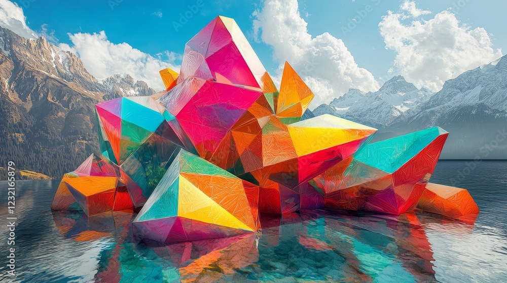 Poster dynamic geometric shapes exploding in vibrant colors over mountain landscape
