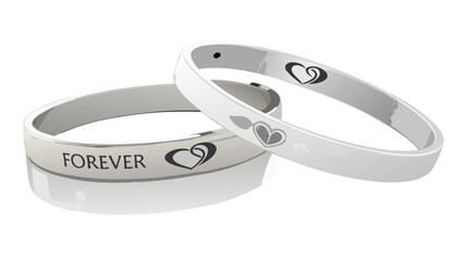 Matching bracelets with "Forever" engraving, on a white background, the perfect symbol of eternal love