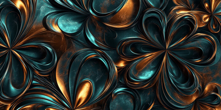 Abstract turquoise and bronze floral marble texture background. Energetic, swirling patterns with bold metallic veins for a striking and unique design.