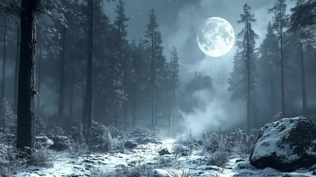 Moonlit winter forest path, snowy landscape, night scene, fantasy background