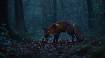 Red fox exploring a dark autumn forest floor