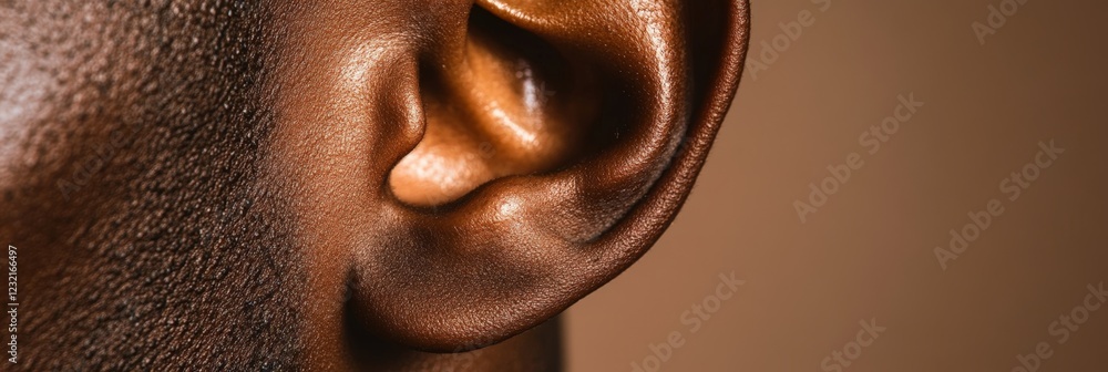 Poster macro photography of a man's ear highlighting the intricate details of the human auditory system, fo