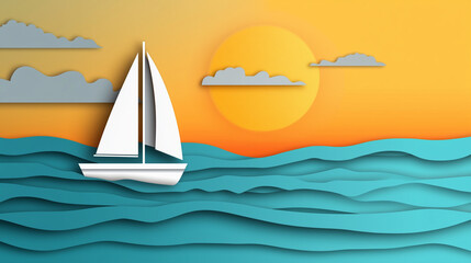 Fototapeta premium Sailing boat on a calm summer sea with Paper cut out effect