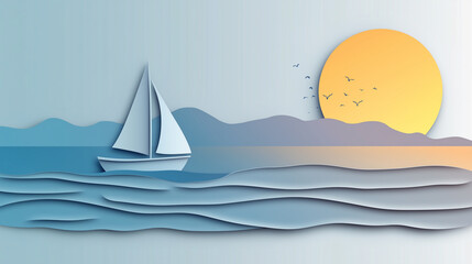Naklejka premium Sailing boat on a calm summer sea with Paper cut out effect
