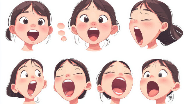 Asian girl mouth animation sprite sheet. Child lips poses in pronunciation different english phoneme and different emotions. Vector cartoon set of kid brows and mouth movement