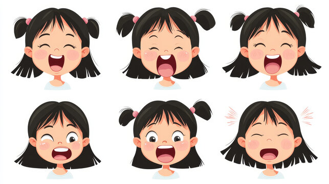Asian girl mouth animation sprite sheet. Child lips poses in pronunciation different english phoneme and different emotions. Vector cartoon set of kid brows and mouth movement
